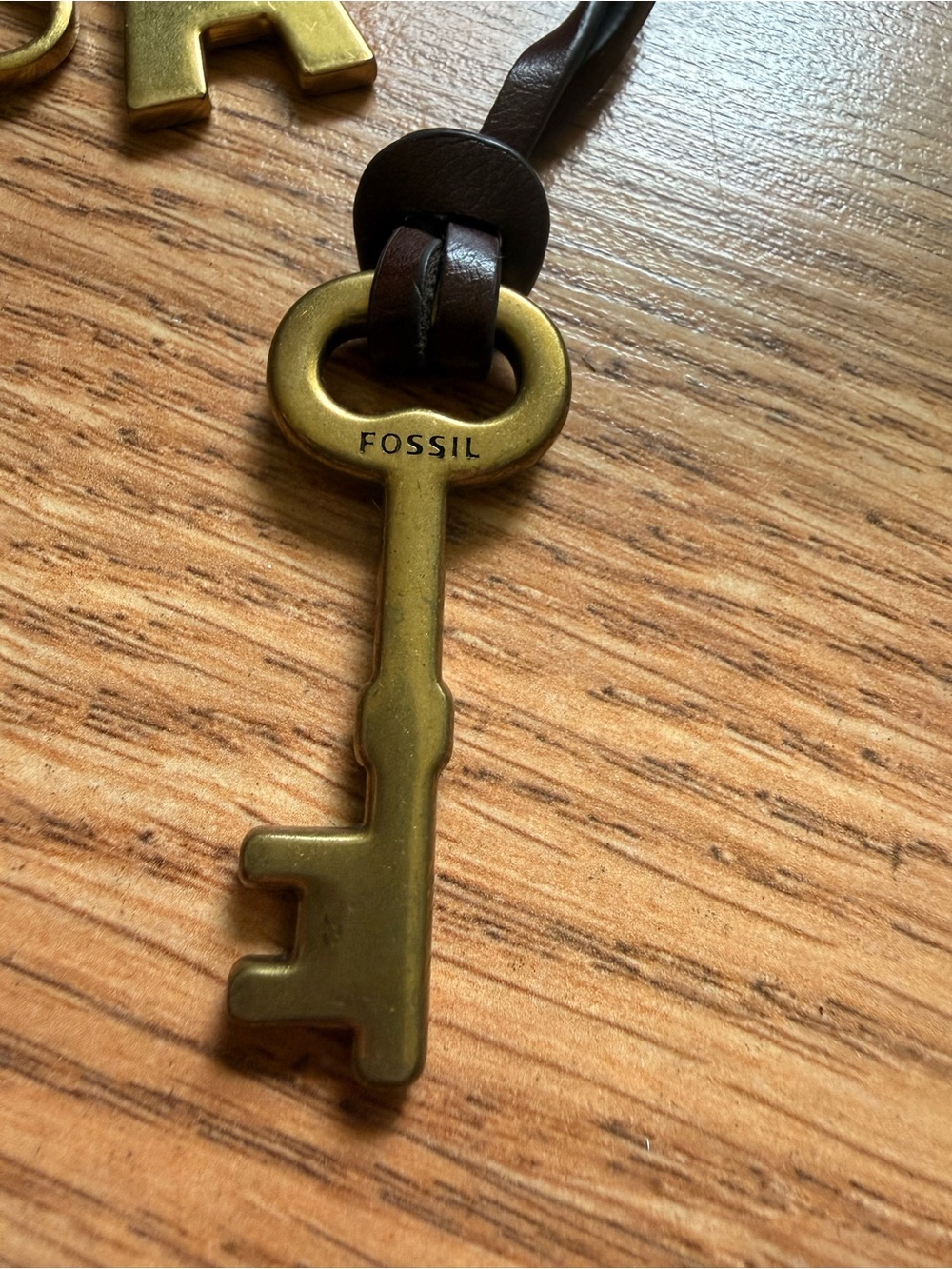 Y2M Fossil Brown Leather & Brass Key Letter Monogram A Charm Keychain - Picture 2 of 5
